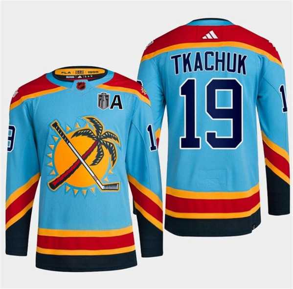 Mens Florida Panthers #19 Matthew Tkachuk Blue 2024 Stanley Cup Final Patch Reverse Retro Stitched Jersey Dzhi->florida panthers->NHL Jersey